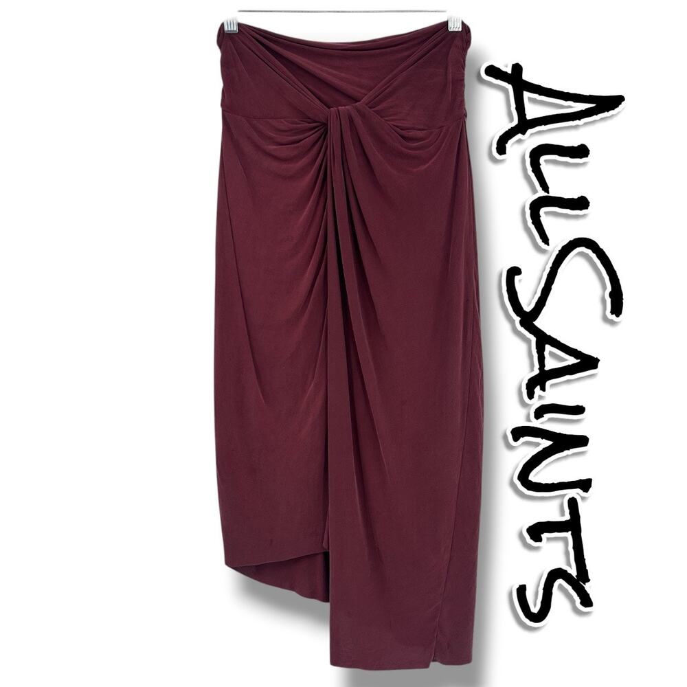 AllSaints Sami Draped Midi Skirt Oxblood Knot Front Cupro 8 Sleek Capsule Luxe